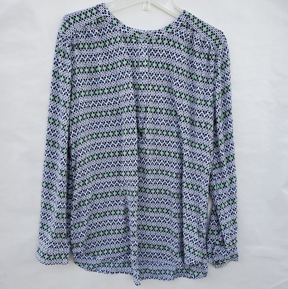Loft Navy Blue and Green Detailed Argyle Blouse, Size Large Petite
